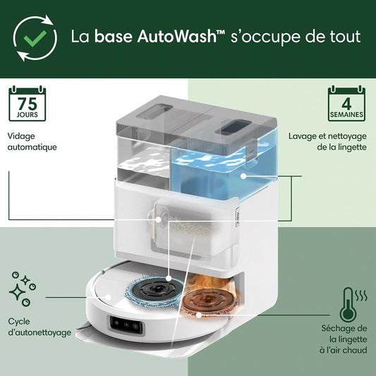 iRobot Roomba Plus 505 Combo Robot + AutoWash - Base Multifonction - Lavage et séchage à l'air Chaud des lingettes - PrecisionVision IA - LiDAR Clearview Pro - 75 Jours d'autovidage - Blanc